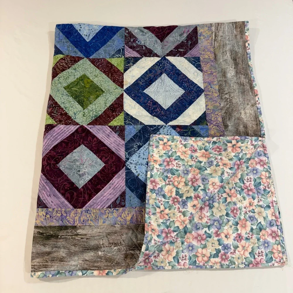Handmade Patchwork Quilt Batik Floral Diamond Block Reversible Multi Color 57x66